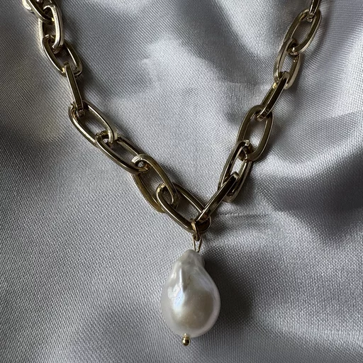 Halsband guld med l&auml;nkar och stor rustik p&auml;rla.